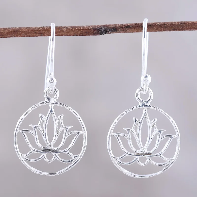 gold stud earrings for everyday wear -Delightful Lotus Sterling Silver Lotus Dangle Earrings from India