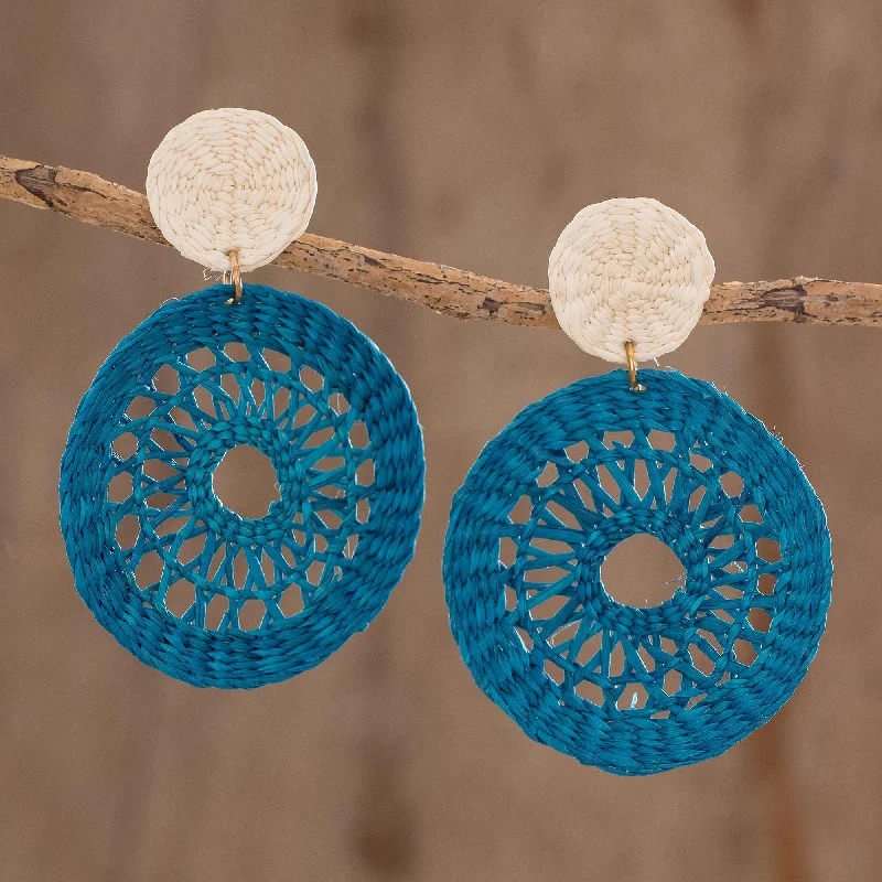 statement stud earrings for women -Delightful Nature in Azure Handmade Circular Natural Fiber Earrings in Azure