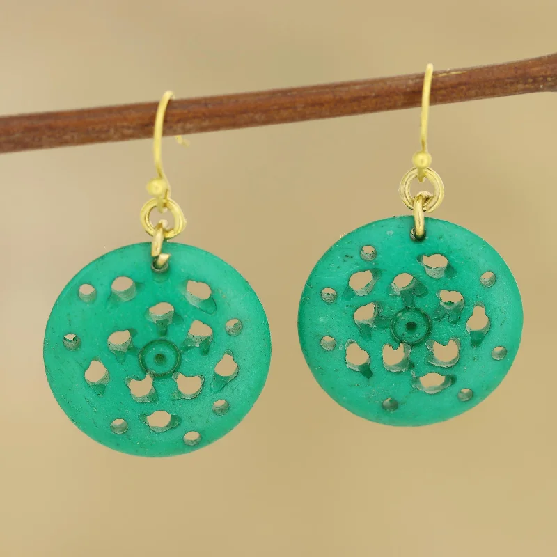 trendy stud earrings for young girls -Delightful Round Round Blue-Green Bone Dangle Earrings from India