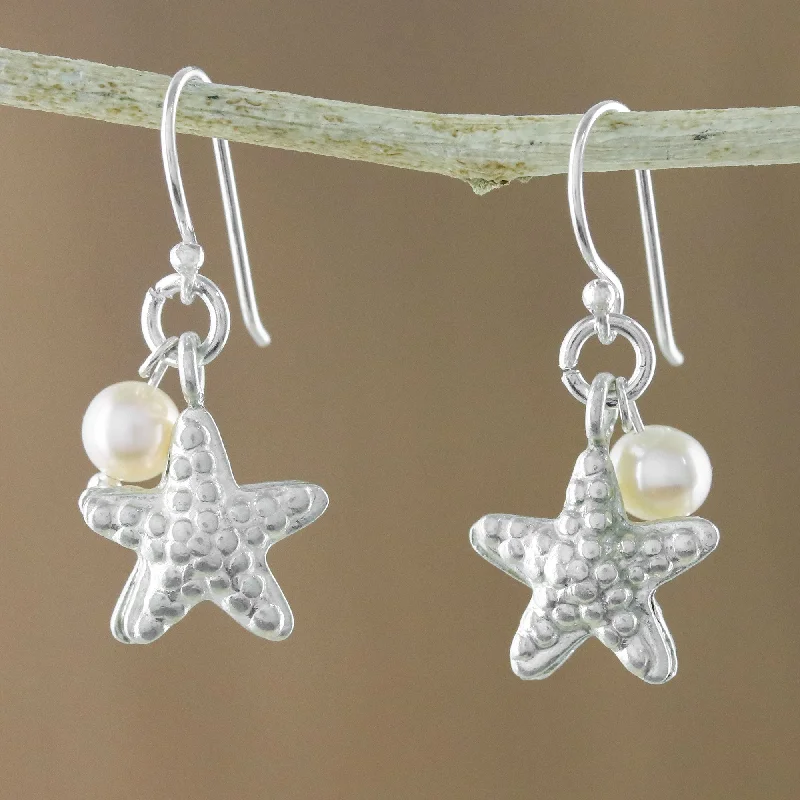 colorful stud earrings for women -Delightful Starfish Cultured Pearl and Silver Starfish Dangle Earrings