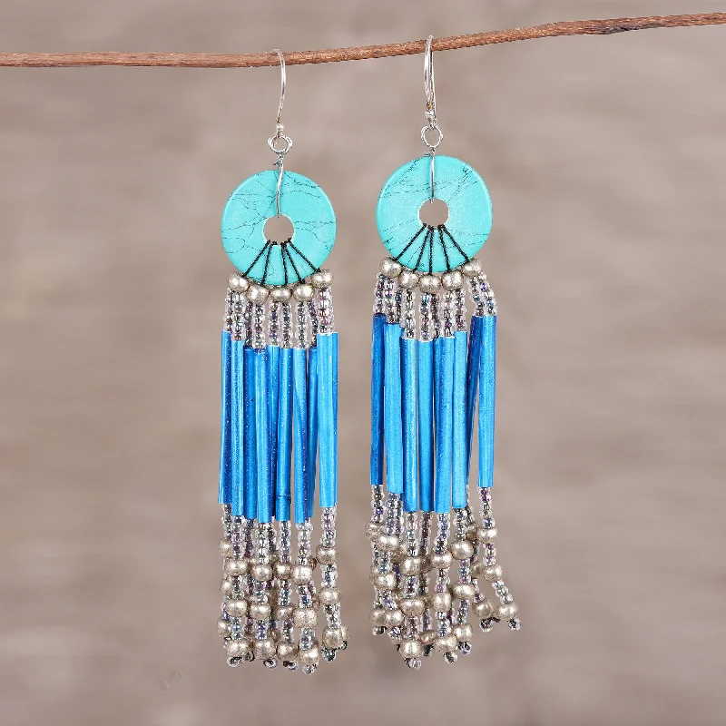 men’s gold stud earrings -Descending Blue Blue Disc and Recycled Paper Beaded Chandelier Earrings