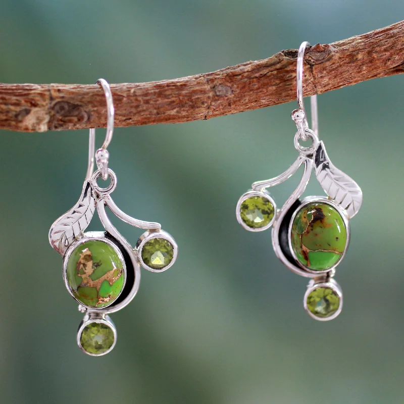 simple silver stud earrings for everyday wear -Dew Blossom Green Turquoise and Peridot Earrings from India