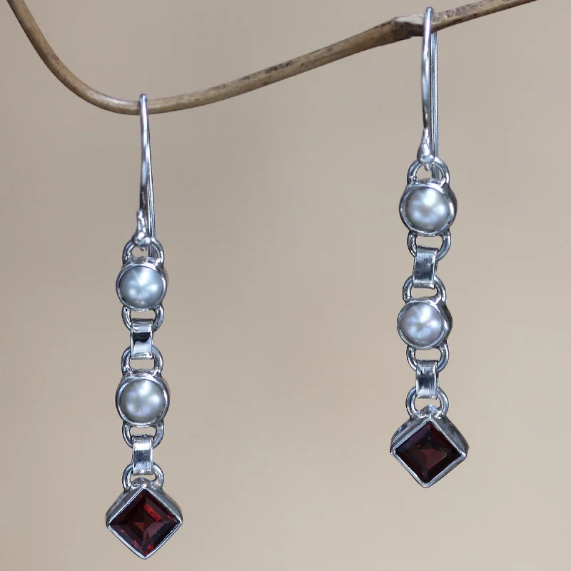 men’s silver stud earrings for formal wear -Dew Cultured pearl and garnet dangle earrings