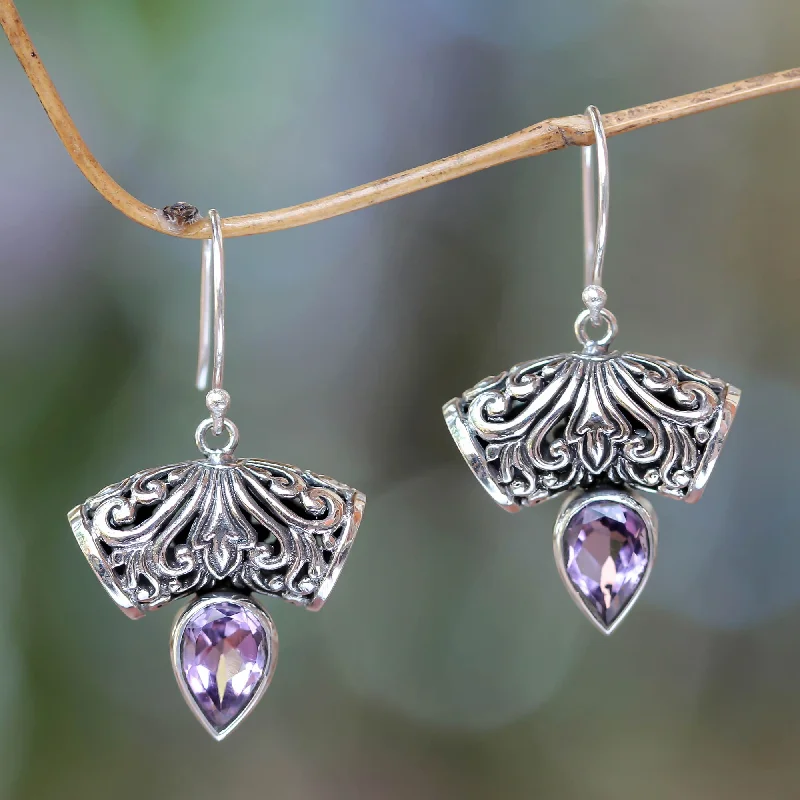 fancy stud earrings for fashionistas -Dewdrop Fern Balinese Artisan Crafted Amethyst Earrings