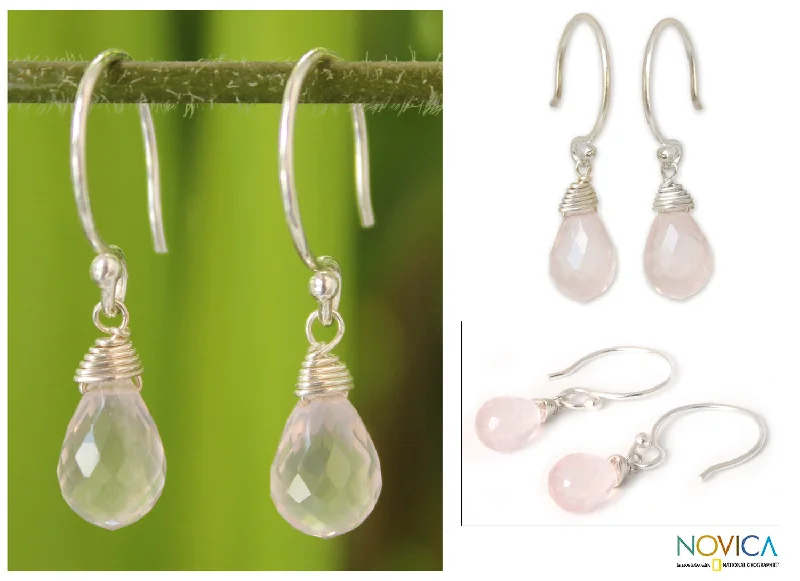 handmade gold stud earrings for women -Dewdrops Rose Quartz & Silver Earrings