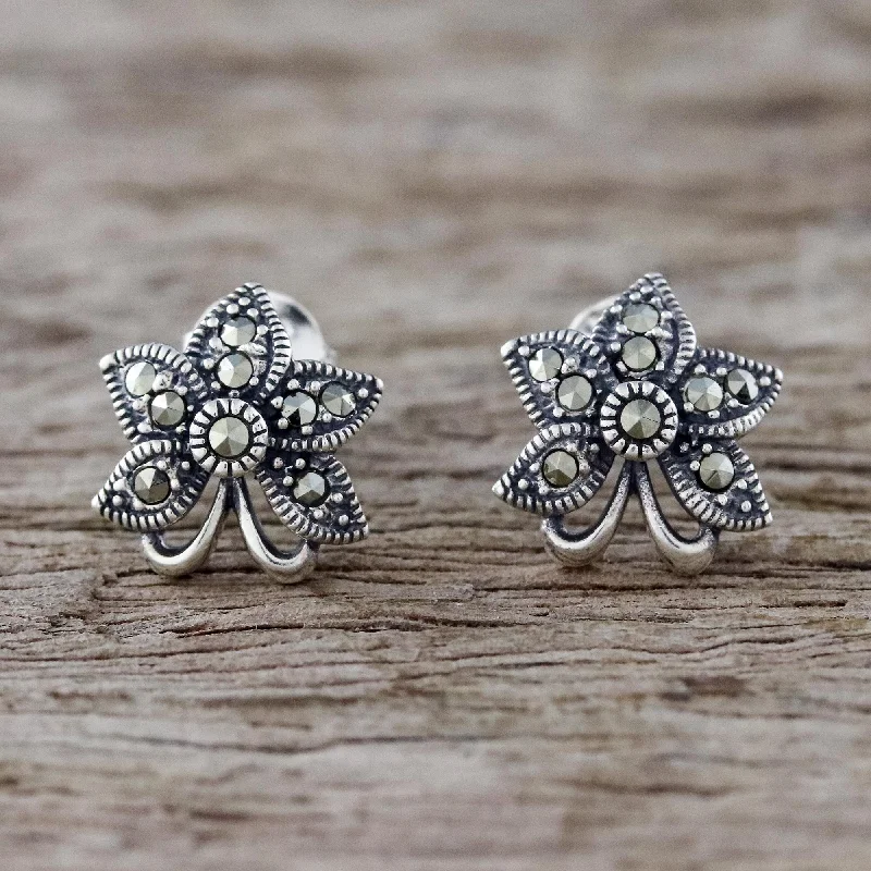 gold stud earrings for women -Dewkissed Orchids Sterling Silver Orchid Flower Earrings with Marcasite