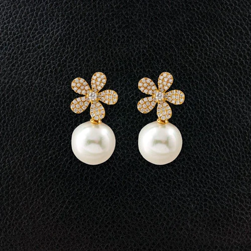 sterling silver stud earrings with diamonds -Diamond Flower Earrings with Pearl Drop