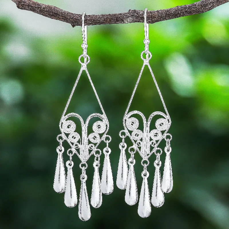 diamond stud earrings for brides -Diamond Fountains Handmade Sterling Silver Filigree Dangle Earrings