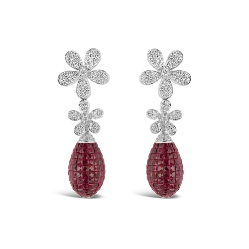 heart-shaped stud earrings for romantic gifts -Diamond & Ruby Flower Earrings