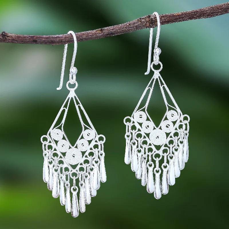 silver stud earrings with pearls -Diamond Swing Diamond-Shaped Sterling Silver Filigree Dangle Earrings