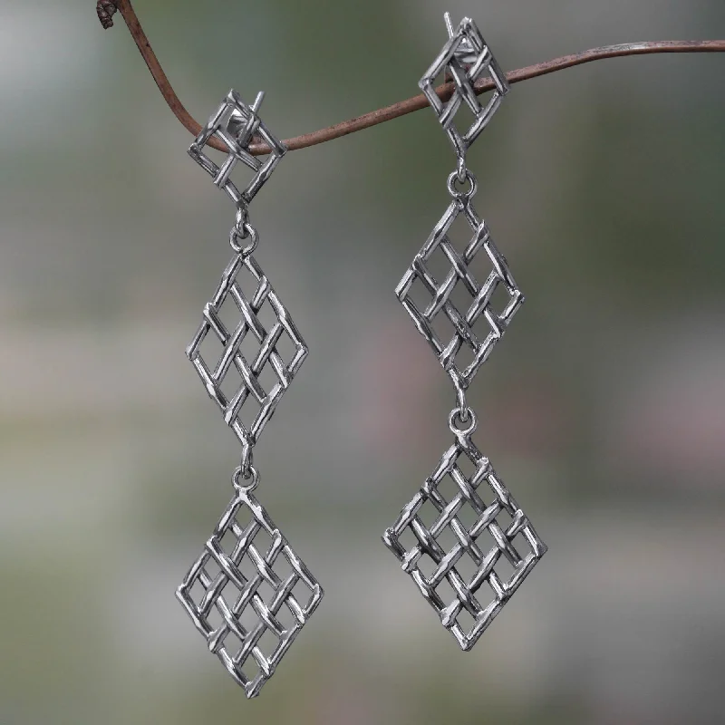 classic gold stud earrings for women -Diamond Weave Handwoven Silver Strand Dangle Earrings