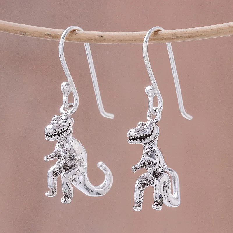 luxury diamond stud earrings for men -Dinosaur King Sterling Silver T-Rex Dangle Earrings from Thailand