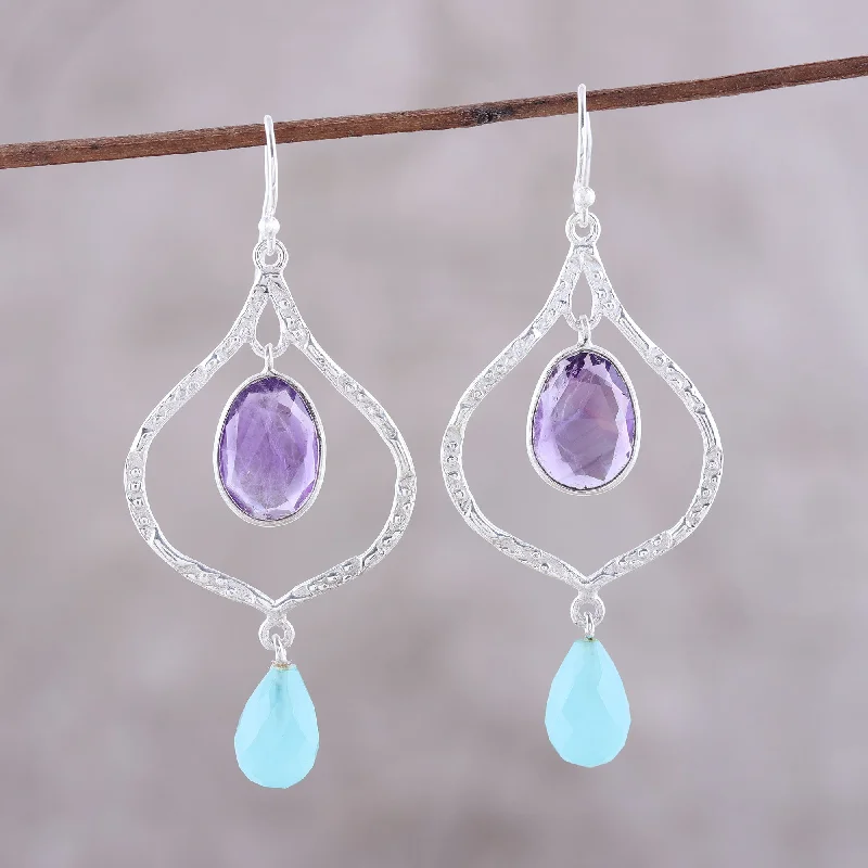 fancy crystal stud earrings for parties -Divine Duo Amethyst and Chalcedony Dangle Earrings from India