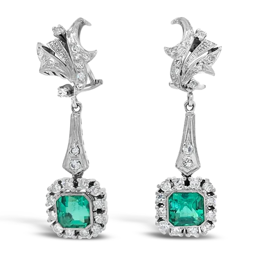 luxury diamond stud earrings for men -Emerald & Diamond Dangle Estate Earrings