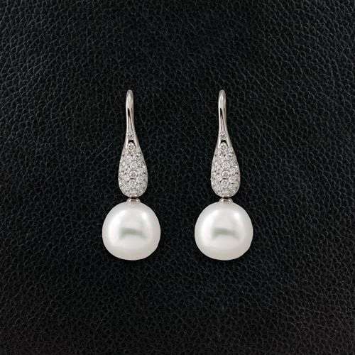 pearl and diamond stud earrings for brides -Pearl & Diamond Drop Earrings