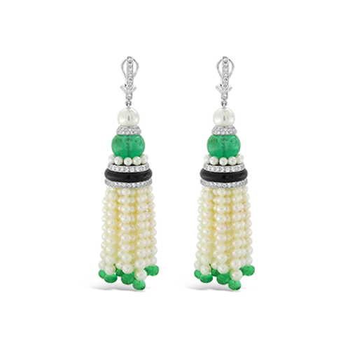 vintage diamond stud earrings -Pearl, Emerald, Onyx & Diamond Tassel Earrings