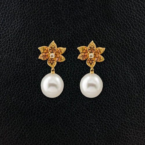 large gemstone stud earrings for women -Pearl & Orange Sapphire Drop Earrings