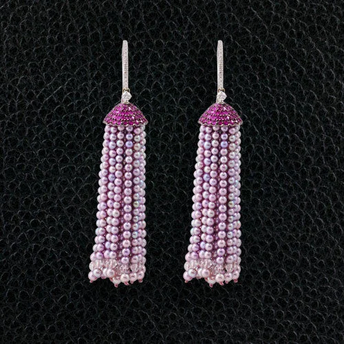 butterfly stud earrings for girls -Pink Sapphire & Pink Pearl Tassel Earrings