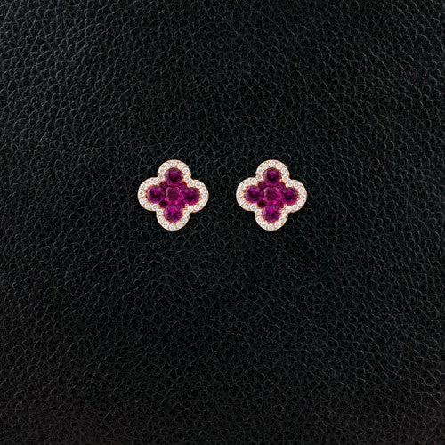 rose gold stud earrings with crystals -Ruby & Diamond Clover Style Earrings