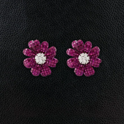 small stud earrings for girls -Ruby & Diamond Flower Earrings