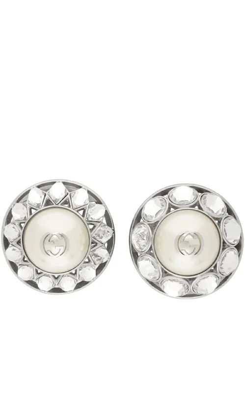 blue sapphire stud earrings for women -Silver Crystal & Pearl Interlocking G Earrings